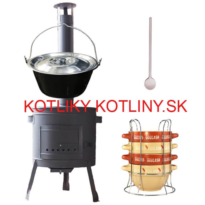 Smaltovaný kotlík 25 L (1,2 mm) + misky na guláš 4 ks + nízka žiaruvzdorná kotlina 42 PLUS 600