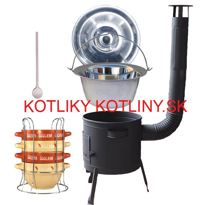 Nerezový kotlík 22 L (0,8 mm) INOX + misky na guláš 4 ks + nízka žiaruvzdorná kotlina 42 PLUS 600