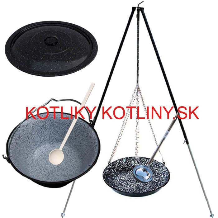 Smaltovaný kotlík 30 L + panvica na grilovanie + teleskopická trojnožka