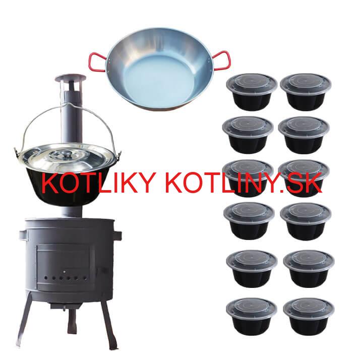 Smaltovaný kotlík 22 L + Panvica PAELLA (WOK) 45 cm + misky 12 ks + nízka kotlina 42 PLUS 600