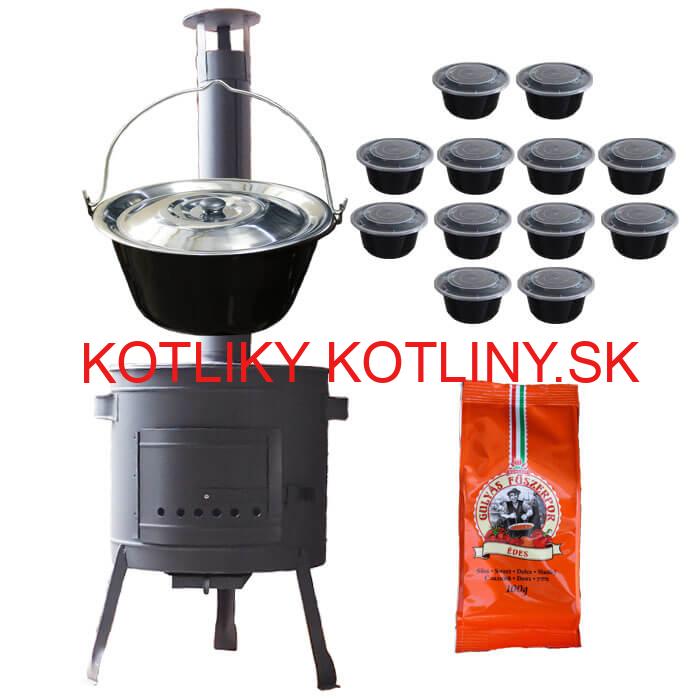 Smaltovaný kotlík 20 L (1,2 mm) + pokrievka + misky 12 ks + nízka žiaruvzdorná kotlina (0,8 mm) 42 PLUS 600