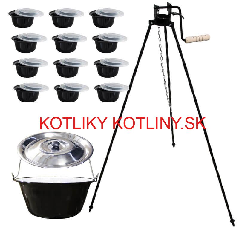 Smaltovaný kotlík 25 L + stojan s kladkou VAR + misky 12 ks