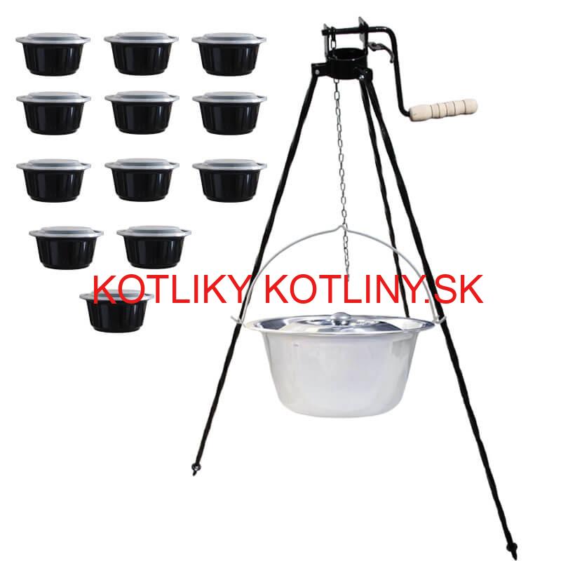 Antikorový kotlík 22 L + stojan s kladkou VAR + misky 12 ks