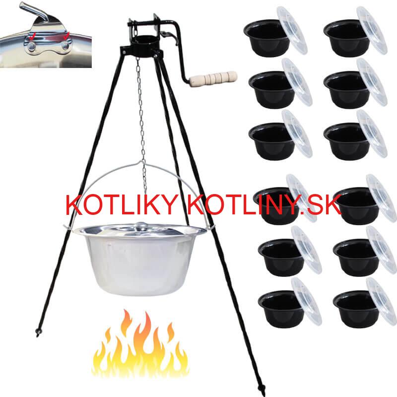 Antikorový kotlík 15 L (0,8 mm) s nitmi + stojan s kladkou VAR + misky 12 ks