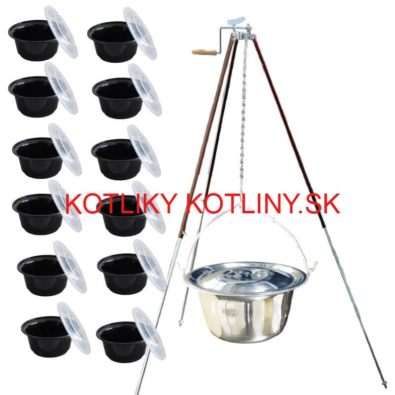 Antikorový kotlík 30 L (1,2 mm) + teleskopická trojnožka s poistnou kladkou + misky 12 ks