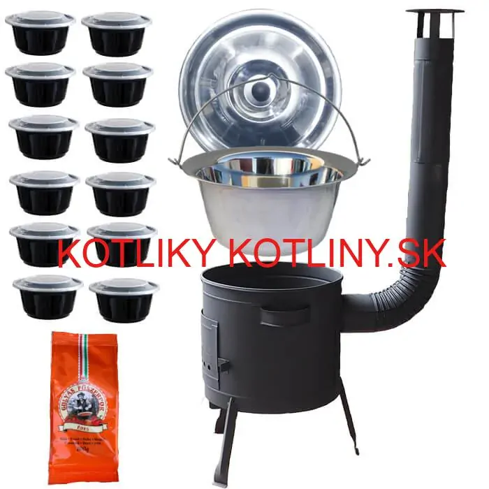 Nerezový kotlík 22 L (0,8 mm) INOX + hrubostenná (1,5 mm) žiaruvzdorná kotlina BALKY STRONG 42 PLUS 600 + misky 12 ks + paprikové korenie na guláš 100 g