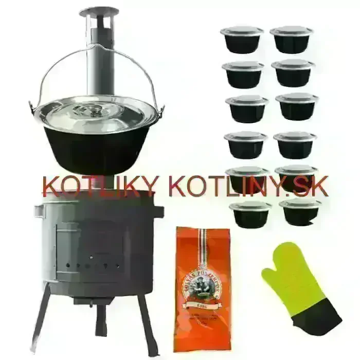 Smaltovaný kotlík 22 L (1,2 mm) + misky 12 ks + nízka žiaruvzdorná kotlina (0,8 mm) 42 PLUS 600