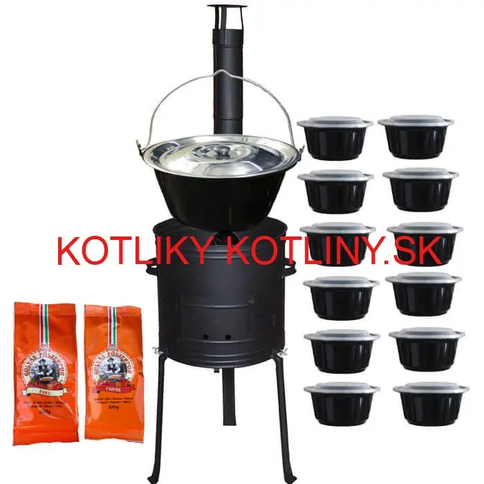 Smaltovaný kotlík 22 L (1,2 mm) + žiaruvzdorná kotlina 42 cm Plus 700 + misky 12 ks + 2 x korenie na guláš 100 g