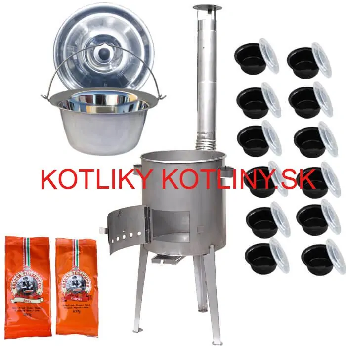 Nerezový kotlík 22 L (0,8 mm) INOX + nerezová kotlina 42 cm LUXUS + misky 12 ks + 2 x korenie na guláš 100 g