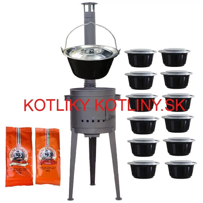 Smaltovaný kotlík 22 L (1,2 mm) + vysoká žiaruvzdorná kotlina (1,5 mm) HODO 42 cm PLUS 600 + misky 12 ks + 2 x korenie na guláš 100 g