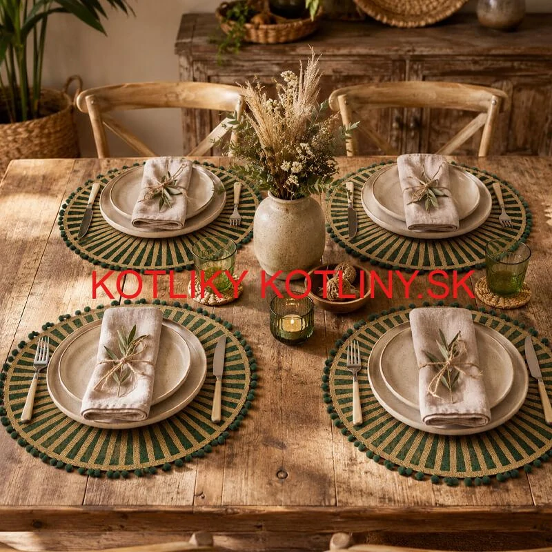 Okrúhle jutové podložky pod tanier zelené s pompónmi 37 cm, 4 ks