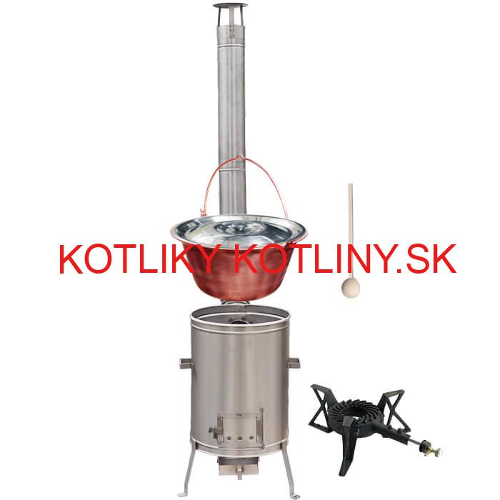 Medený kotlík 30 L (1,2 mm) + nerezová kotlina 42 cm + liatinový horák 7 kW, vareška LUX
