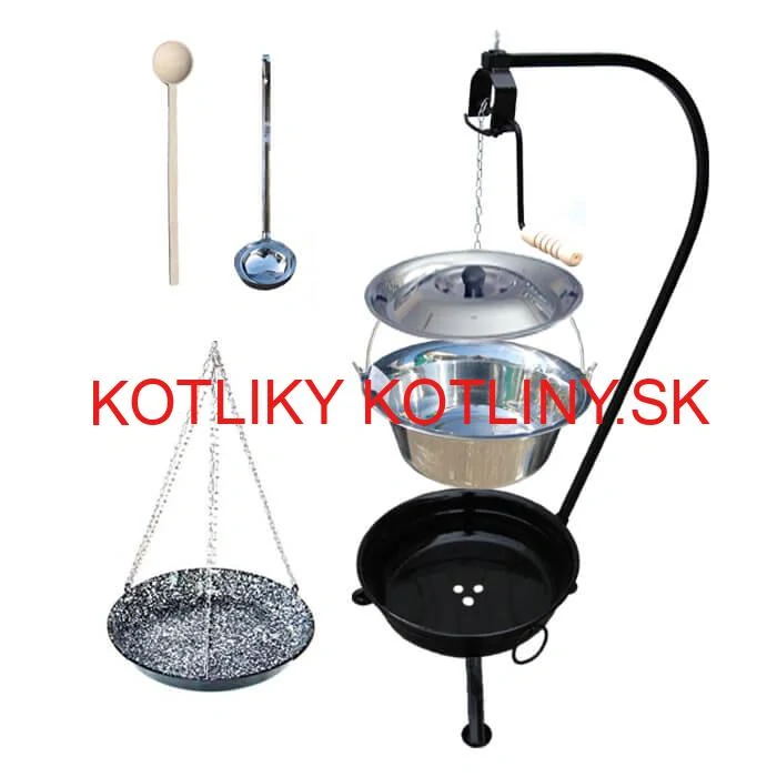 Nerezový kotlík 14 L (0,8 mm) INOX + smaltovaná panvica + ohnisko so stojanom a s poistnou kladkou VAR