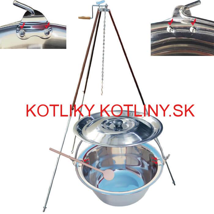 Antikorový kotlík 15 L (0,8 mm) s nitmi + teleskopická trojnožka s poistnou kladkou + pokrievka