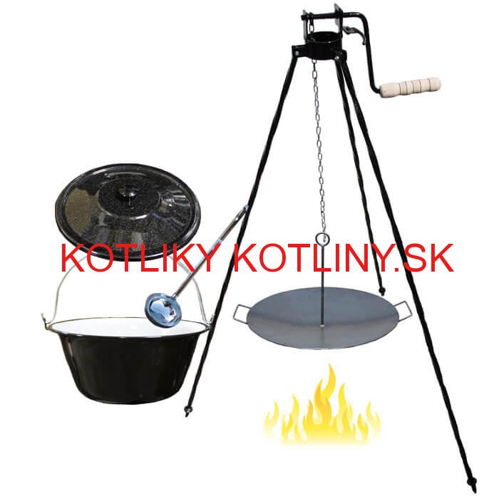 Smaltovaný kotlík 16 L (1,2 mm) + panvica na grilovanie a stojan s kladkou VAR