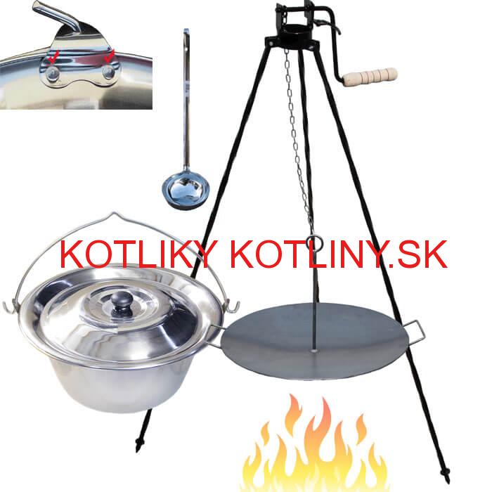 Antikorový kotlík 15 L (0,8 mm) s nitmi + panvica na grilovanie a stojan s kladkou VAR
