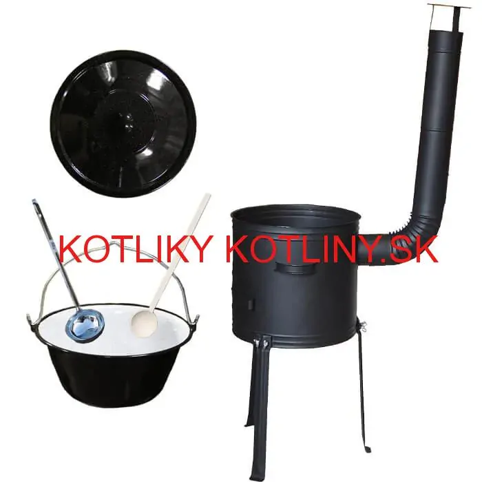 Smaltovaný kotlík 20 L + kovová kotlina s vysokými nožičkami 42 cm, žiaruvzdorná farba Plus 700 + vareška a naberačka