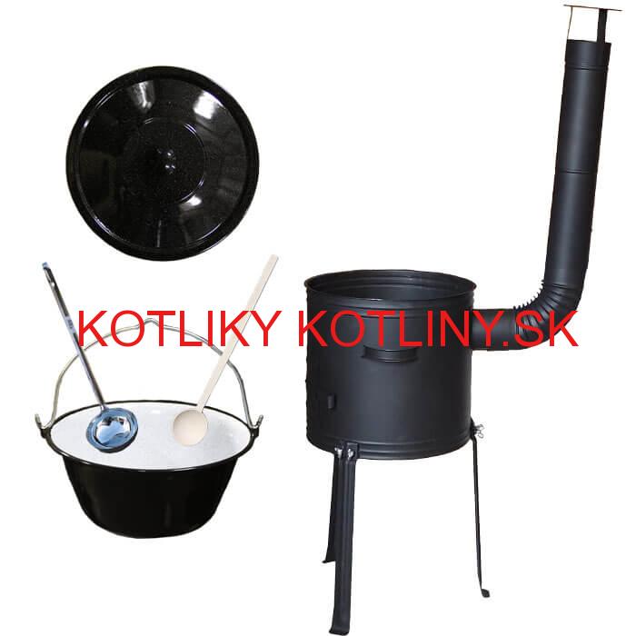 Smaltovaný kotlík 30 L + kovová kotlina s vysokými nožičkami 42 cm, žiaruvzdorná farba Plus 700 + vareška a naberačka
