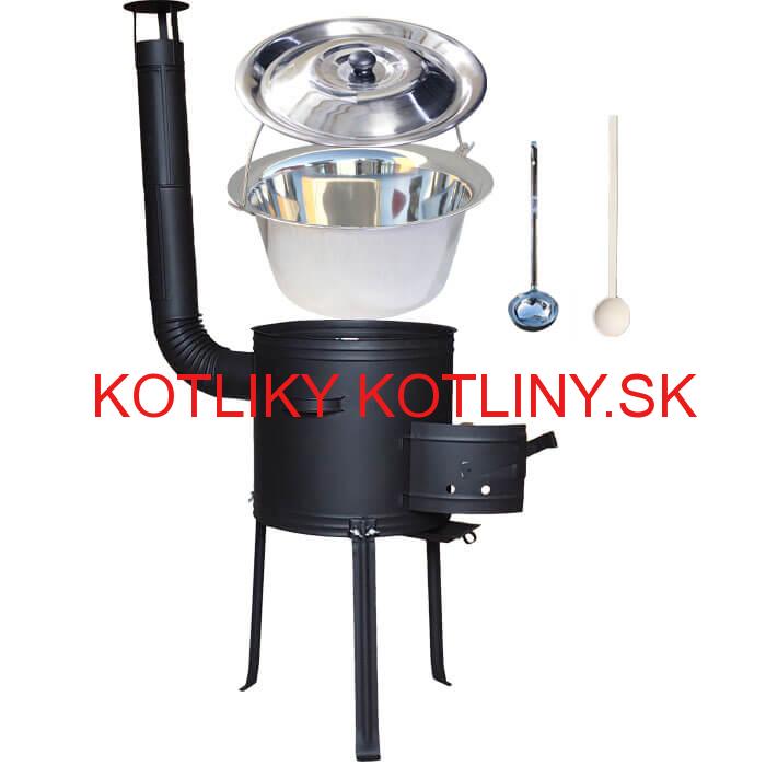 Antikorový kotlík 20 L (1,2 mm) + kovová kotlina s vysokými nožičkami 42 cm, žiaruvzdorná farba Plus 700 + vareška a naberačka