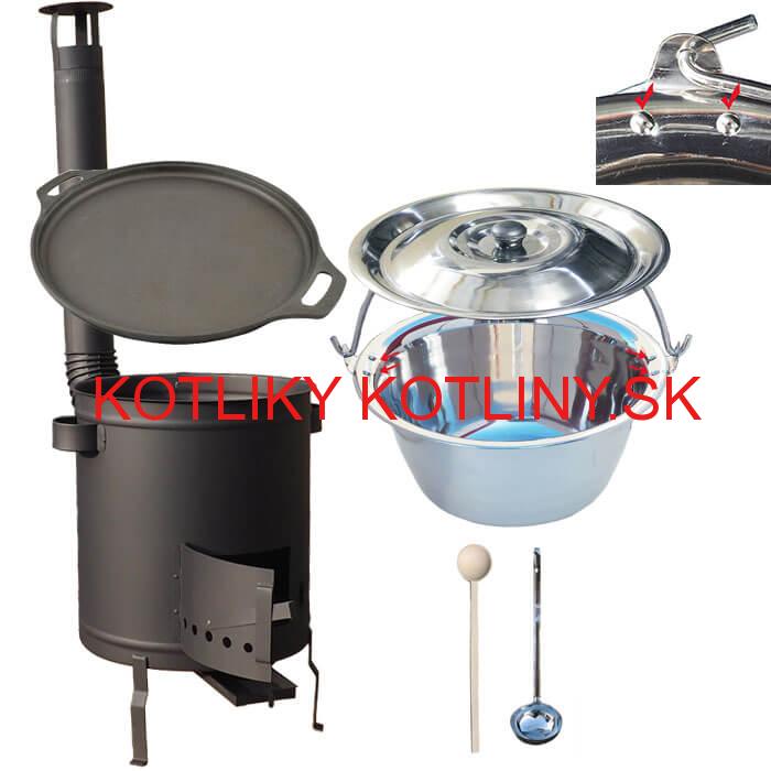 Nerezový kotlík 20 L (0,8 mm) zosilnený s nitmi + Liatinová panvica 43 cm + hrubostenná (1,5 mm) a žiaruvzdorná kotlina 42 PLUS 600