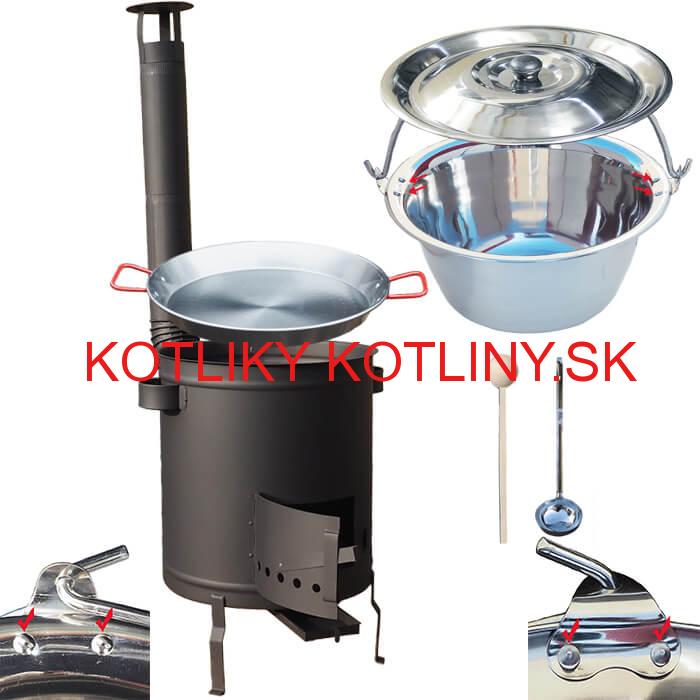 Nerezový kotlík 15 L (0,8 mm) zosilnený s nitmi + Paella panvica 38 cm + hrubostenná (1,5 mm) žiaruvzdorná kotlina 36 PLUS 600