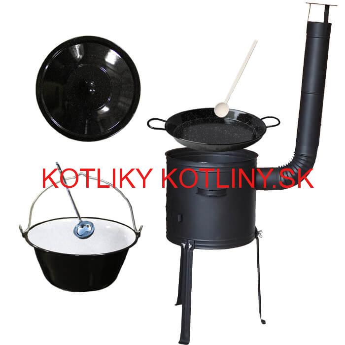 Smaltovaný kotlík 20 L + Paella panvica 46 cm + kovová kotlina s vysokými nožičkami 42 cm, žiaruvzdorná farba Plus 700