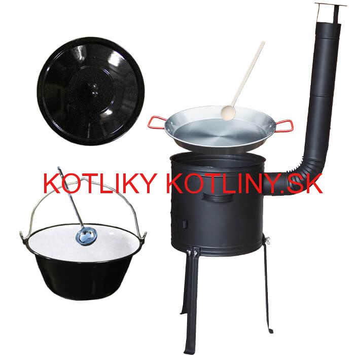 Smaltovaný kotlík 20 L + Paella panvica 46 cm + kovová kotlina s vysokými nožičkami 42 cm, žiaruvzdorná farba Plus 700