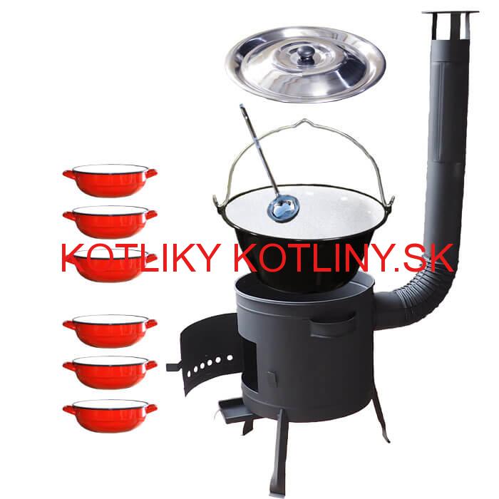 Smaltovaný kotlík 20 L + selské misky 6 ks + nízka žiaruvzdorná kotlina 42 cm PLUS 600