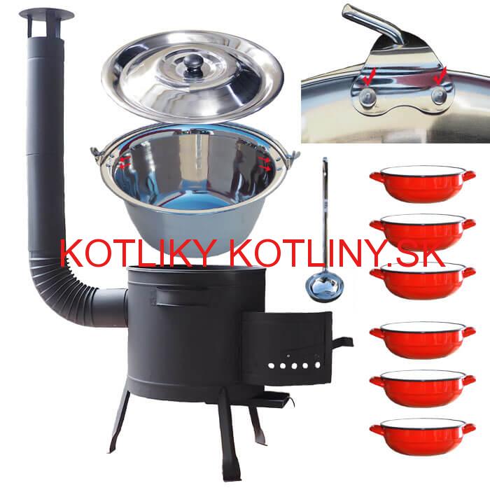 Nerezový kotlík 15 L (0,8 mm) s nitmi INOX + selské misky 6 ks + nízka žiaruvzdorná kotlina 36 cm PLUS 600