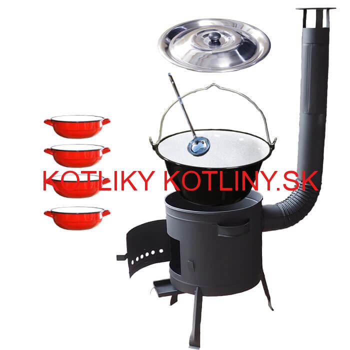 Smaltovaný kotlík 30 L + selské misky 4 ks + nízka žiaruvzdorná kotlina 45 cm PLUS 600