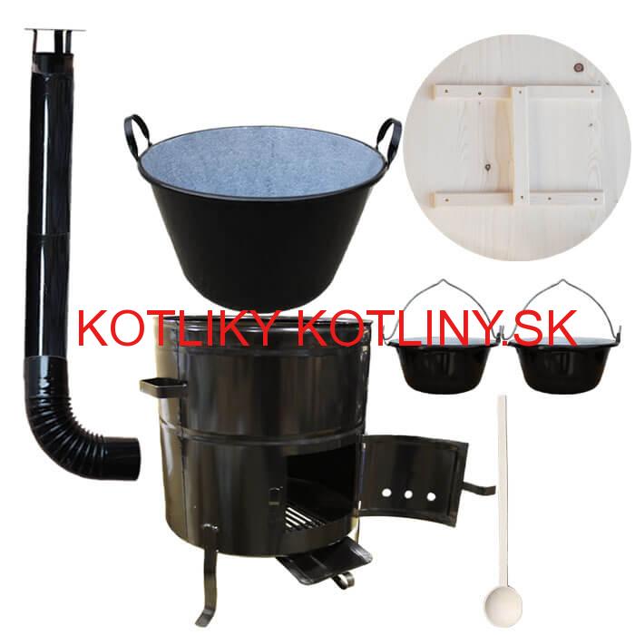 Zabíjačkový smaltovaný kotol 100 L + kovová kotlina 60 cm + 2 servírovacie kotlíky