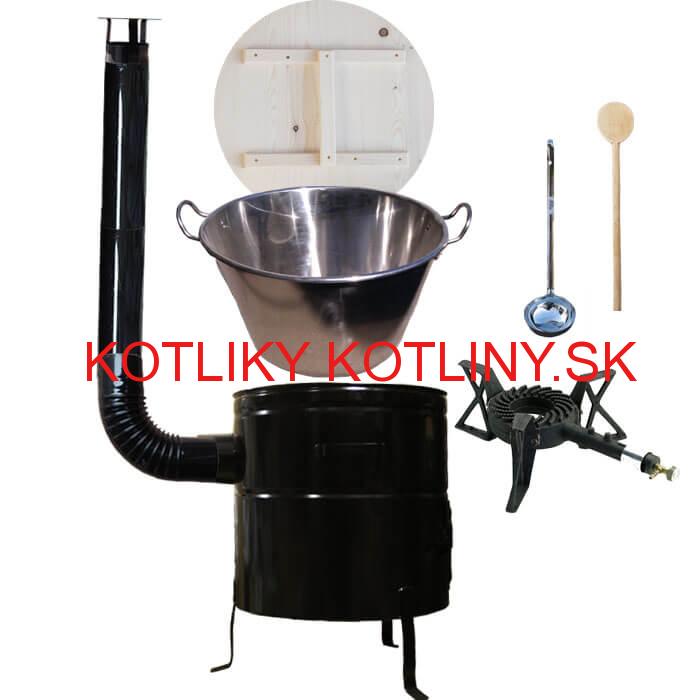 Zabíjačkový nerezový kotol 100 L, kovová kotlina 60 cm, drevená pokrievka, horák 7 kW + dymovod