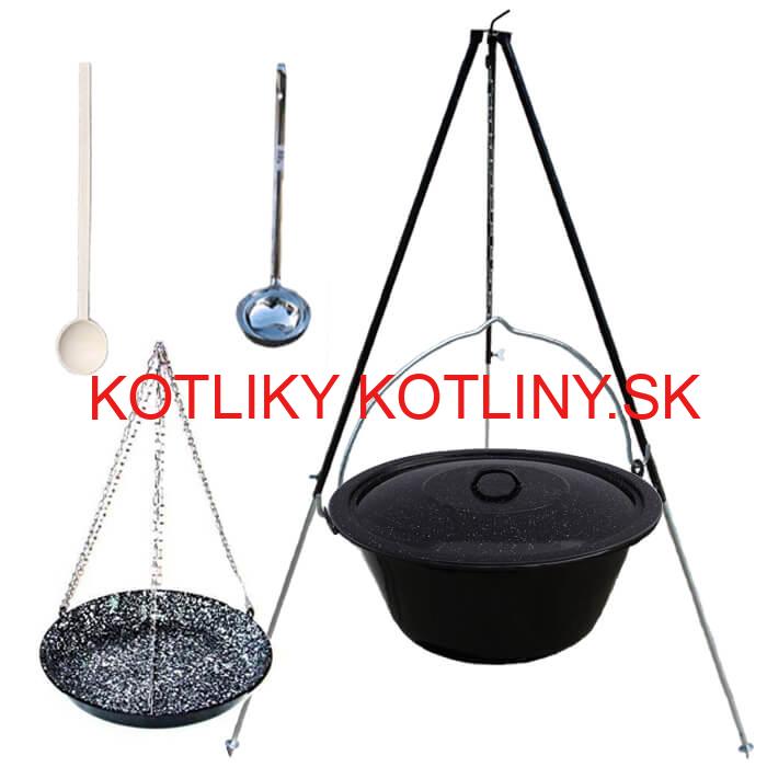 Smaltovaný kotlík 30 L + panvica na grilovanie + teleskopická trojnožka