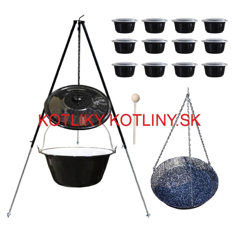Smaltovaný kotlík 30 L + panvica na grilovanie + teleskopická trojnožka + misky 12 ks
