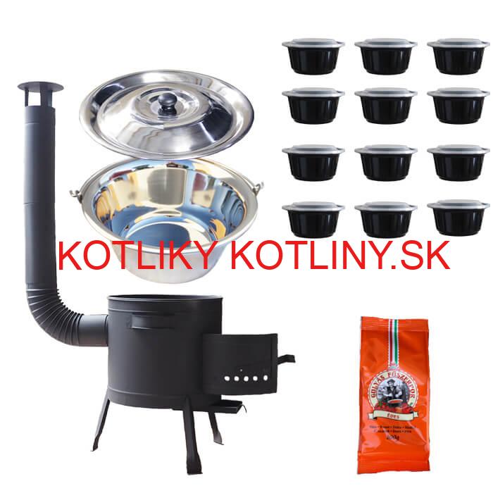 Nerezový kotlík 22 L (0,8 mm) + korenie na guláš 100 g + misky 12 ks + nízka žiaruvzdorná kotlina (0,8 mm) 42 PLUS 600