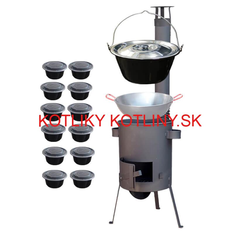 Smaltovaný kotlík 22 L + Panvica PAELLA (WOK) 45 cm + misky 12 ks + žiaruvzdorná kotlina 42 PLUS 600 s roštom na popol 4 mm