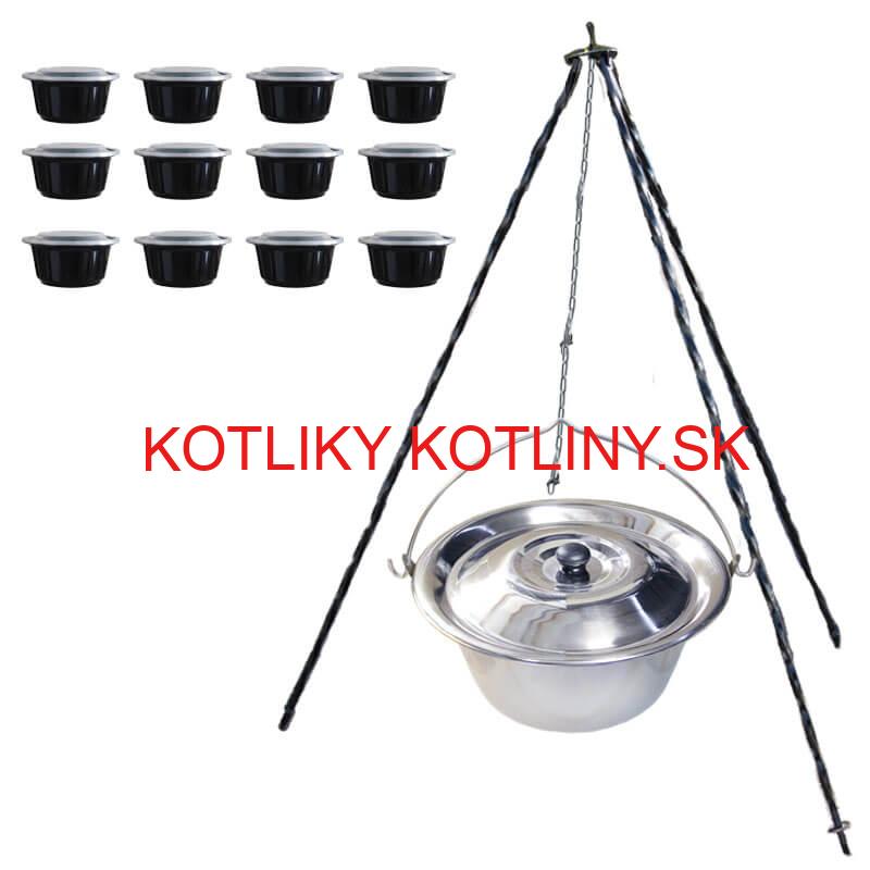 Nerezový kotlík 14 L (0,8 mm) + antikorová pokrievka + stojan + misky 12 ks