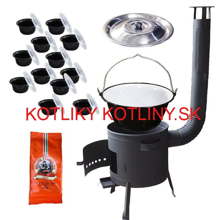 Smaltovaný kotlík 25 L (1,2 mm) + pokrievka + misky 12 ks + nízka žiaruvzdorná kotlina (0,8 mm) 42 PLUS 600