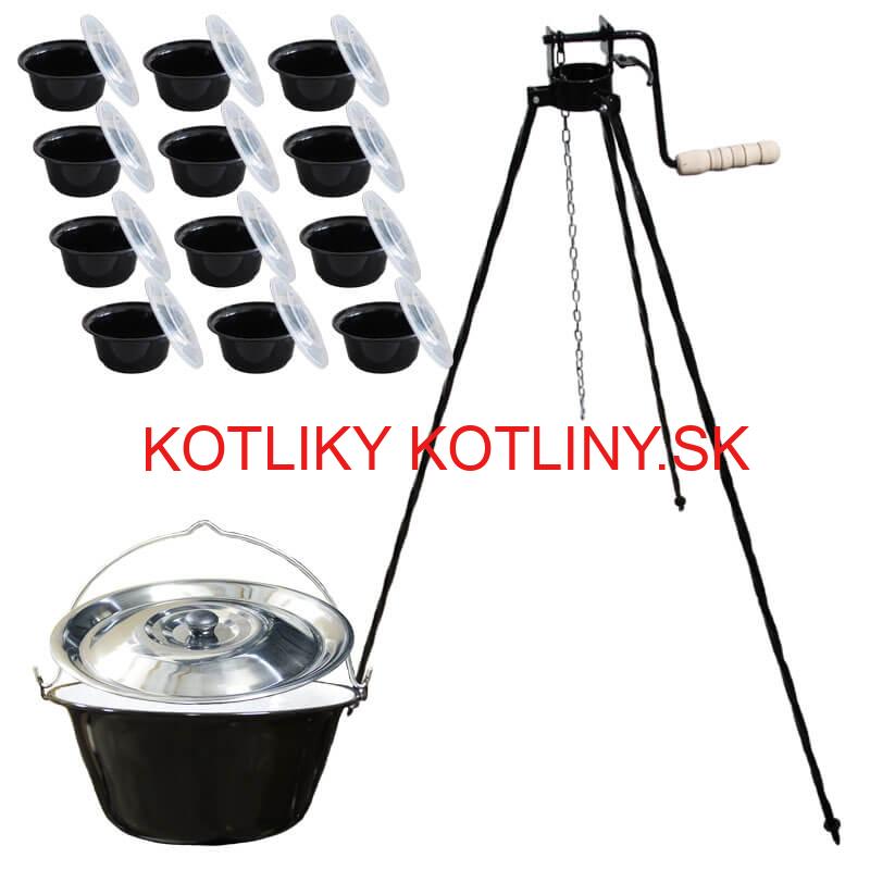 Smaltovaný kotlík 25 L + stojan s kladkou VAR + misky 12 ks