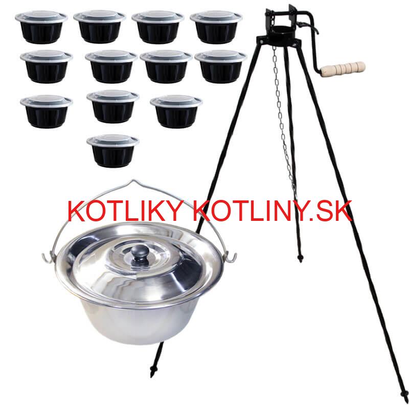 Nerezový kotlík 20 L (0,8 mm) + stojan s kladkou VAR + misky 12 ks