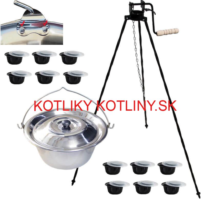 Antikorový kotlík 15 L (0,8 mm) s nitmi + stojan s kladkou VAR + misky 12 ks