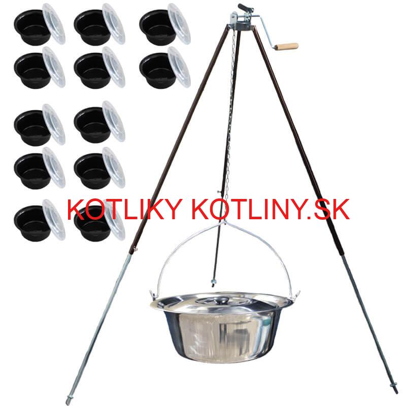 Antikorový kotlík 20 L (1,2 mm) + teleskopická trojnožka s poistnou kladkou + misky 12 ks