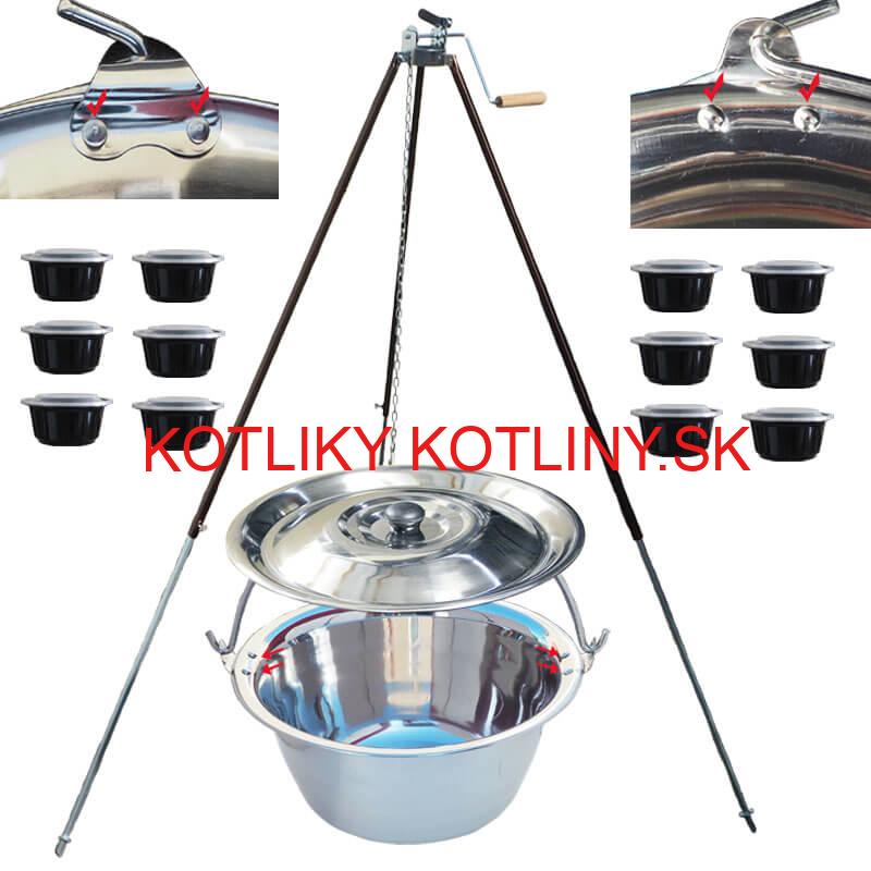 Antikorový kotlík 30 L (0,8 mm) s nitmi + teleskopická trojnožka s poistnou kladkou + misky 12 ks