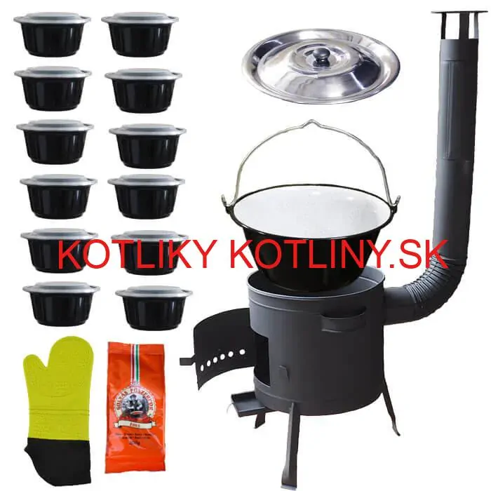 Smaltovaný kotlík 22 L (1,2 mm) + misky 12 ks + nízka žiaruvzdorná kotlina (1,5 mm) 42 PLUS 600