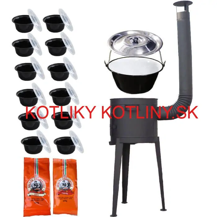 Smaltovaný kotlík 22 L (1,2 mm) + vysoká žiaruvzdorná kotlina (1,5 mm) HODO 42 cm PLUS 600 + misky 12 ks + 2 x korenie na guláš 100 g