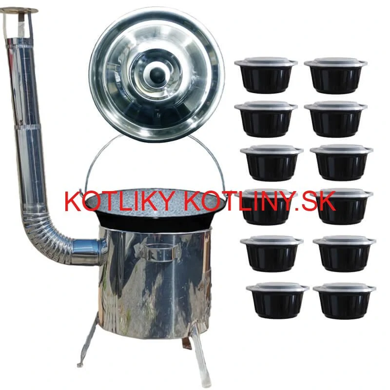 Smaltovaný kotlík 13 L + Nerezová kotlina 36 INOX LUSTRO + misky 12 ks