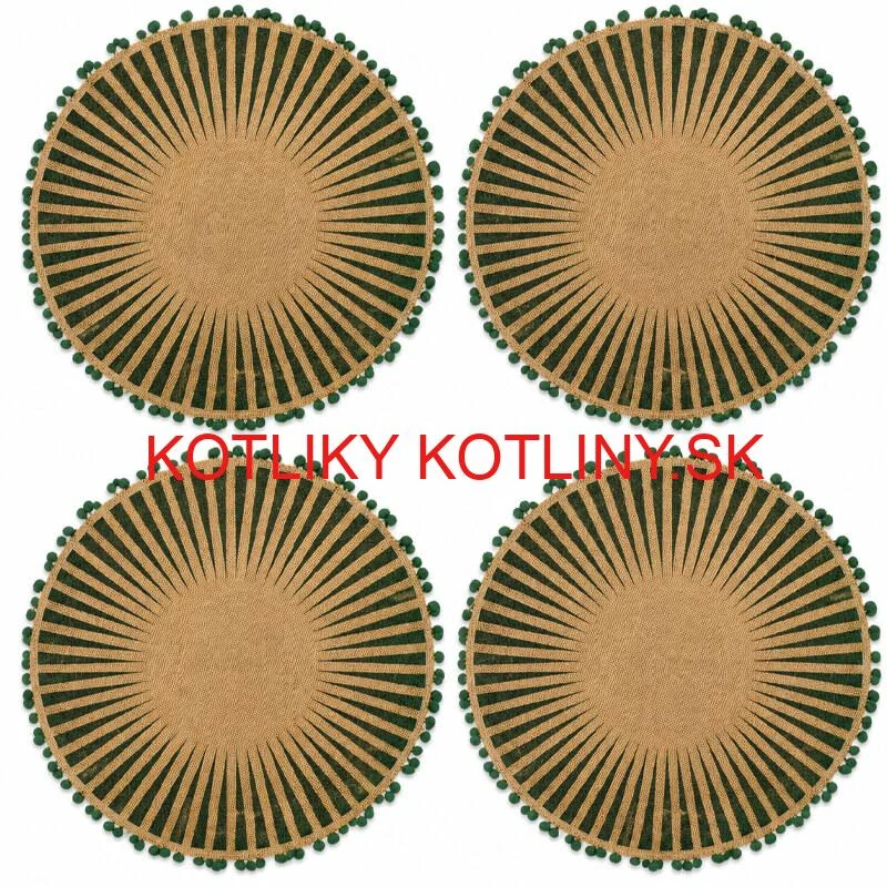 Okrúhle jutové podložky pod tanier zelené s pompónmi 37 cm, 4 ks