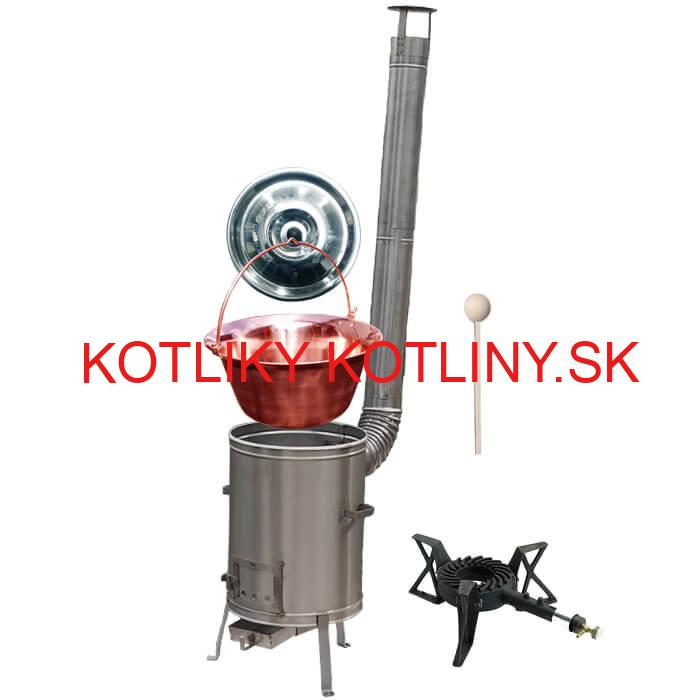 Medený kotlík 30 L (1,2 mm) + nerezová kotlina 42 cm + liatinový horák 7 kW, vareška LUX