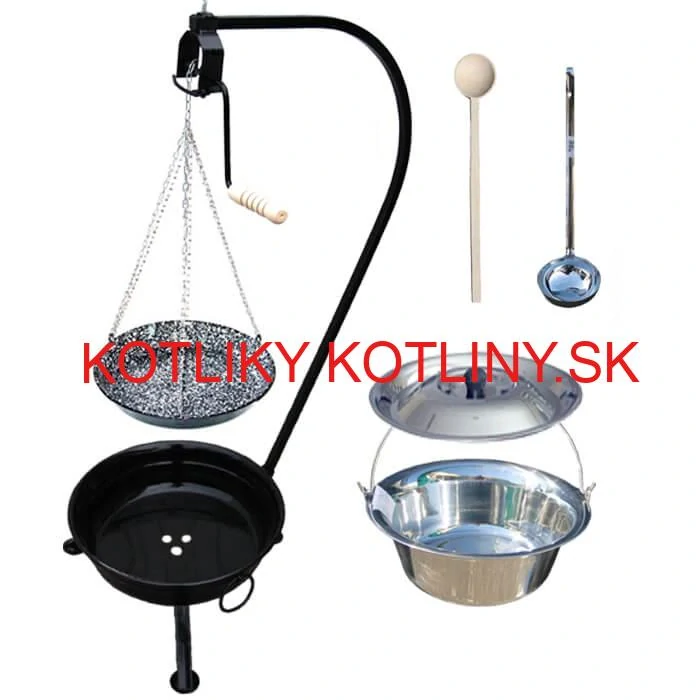 Nerezový kotlík 15 L (1,2 mm) INOX + smaltovaná panvica + ohnisko so stojanom a s poistnou kladkou VAR