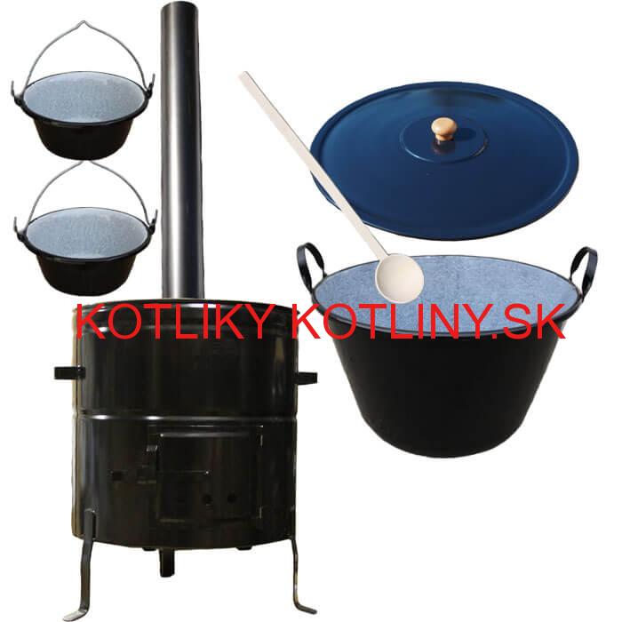 Zabíjačkový smaltovaný kotol 70 L + kovová kotlina 56 cm + 2 servírovacie kotlíky